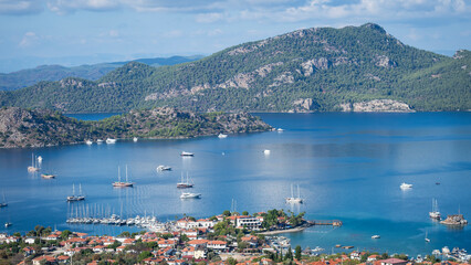 Aerial View of Selimiye Bay and Sailboats in Marmaris, Turkey