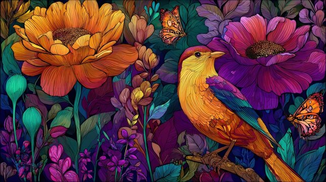 Vibrant Floral Garden Scene Featuring Exotic Bird and Butterflies in Lush, Colorful Illustration