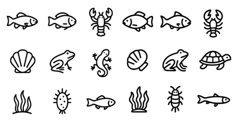 Fototapeta premium Marine and aquatic line icons set – outline, linear, sea life and ocean symbols
