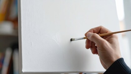Hand painting first brush stroke on blank canvas — creative art process in bright studio