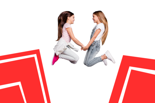 Collage image poster of two happy funny cheerful people play together have fun isolated on drawing background