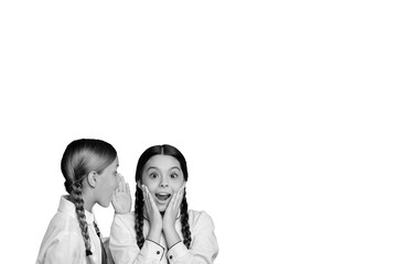 Composite photo collage of two happy amazed school classmates friends girls talk ear gossip news fall season isolated on painted background