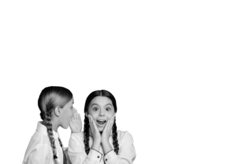 Composite photo collage of two happy amazed school classmates friends girls talk ear gossip news fall season isolated on painted background