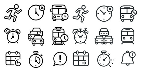 Transport and time management icons set – outline, linear, scheduling and planning tools