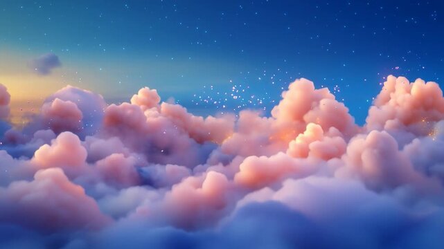 Clouds in shades of pink and white, sparkling and drifting gently across the blue sky, creating a dreamy and magical display.