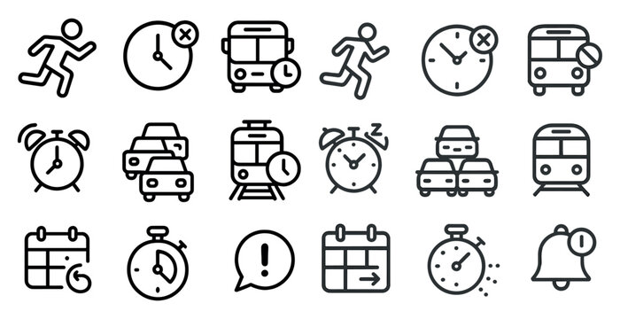 Transport and time management icons set – outline, linear, scheduling and planning tools