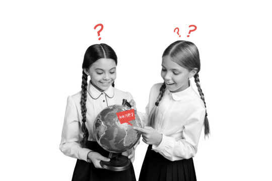 Composite photo collage of two happy schoolgirl classmates hold globe map supply geography lesson search isolated on painted background