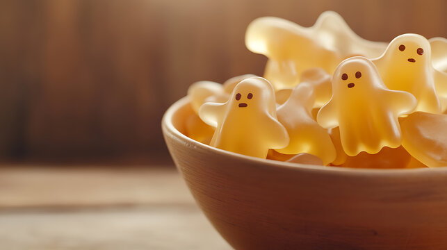 Spooky sweets! A bowl filled with ghostly shaped gummies, perfect for a Halloween treat or a spooky surprise. Sweet and fun for everyone!