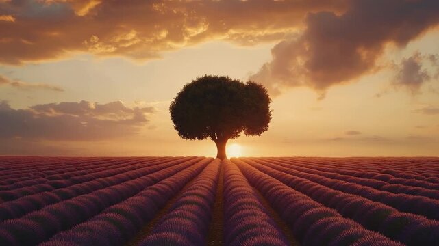 Solitary tree in a vast lavender field under a dramatic golden hour sunset sky