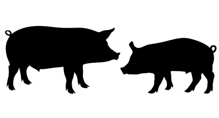 Two black silhouettes of pigs, one large and one small, depicted on a white background