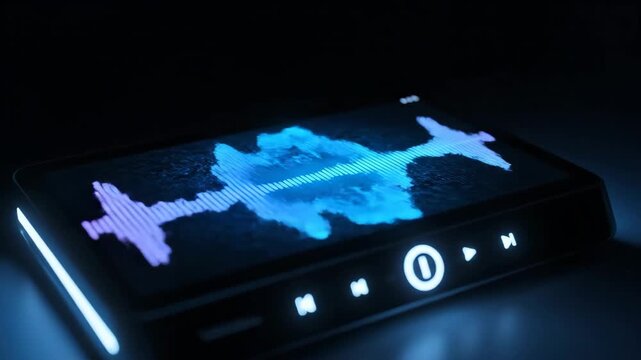 Futuristic Digital Audio Player with Glowing Blue Waveform Display in Dark Environment.