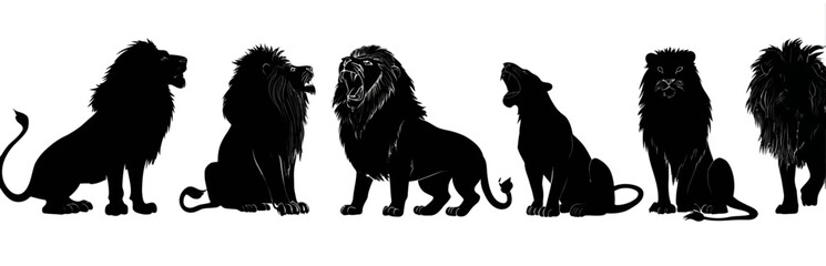 Black silhouettes of lions on a white background, depicting various poses, including roaring and sitting