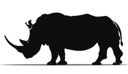 A large rhino silhouette in black against a white background, with a light ground shadow