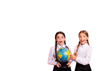 Composite photo collage of two amazed girls classmates hold globe geography lesson preparation education isolated on painted background