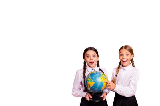 Composite photo collage of two amazed girls classmates hold globe geography lesson preparation education isolated on painted background