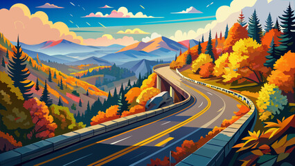 Very beautiful sunny scenic autumn drive along the southern portion of the Blue Ridge Parkway, North Carolina Mountains, featuring colorful foliage, winding roads, golden leaves, mountain vistas, and 