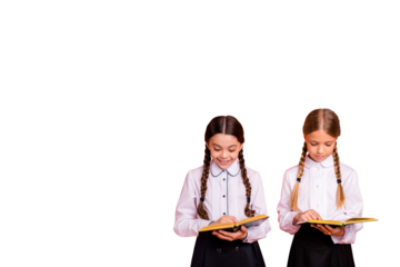 Composite photo collage of two happy girls classmates read textbook literature lesson preparation bookworm isolated on painted background