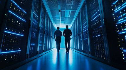 Two IT engineers inspect server room infrastructure for enhanced cybersecurity and data protection, ensuring seamless digital transformation in modern data center