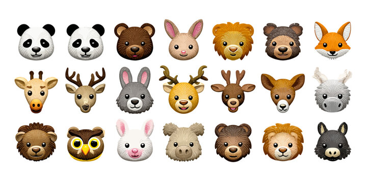 A collection of cartoon animal heads, each with unique expressions and featuring detailed fur textures