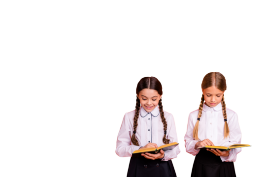 Composite photo collage of two happy girls classmates read textbook literature lesson preparation bookworm isolated on painted background
