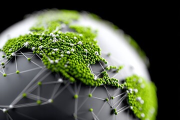 Innovative globe showing detailed network connections and green elements symbolizing growth in technology and sustainability