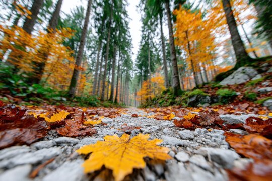 Colorful autumn leaves cover a rocky path in a dense forest on a foggy day highlighting the beauty of nature in fall