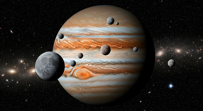 Jupiter with asteroids and moon orbiting in space with stars background