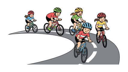Cycling on a Winding Road: A group of cyclists, adorned in helmets, navigates a curved road, showcasing the dynamism and adventure of cycling.