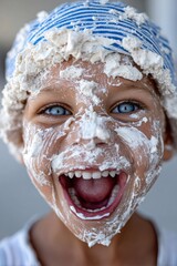 Child enjoys messy fun while playing with flour, smiling widely with a face covered in white, in a bright outdoor area during the day