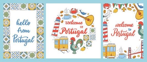 Portugal cards, posters, banners, prints decorated with doodles and lettering quotes. EPS 10