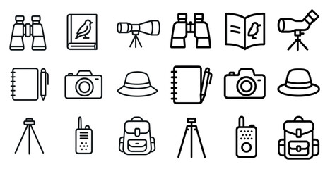 Outdoor adventure icons set – outline, linear, hiking and camping symbols