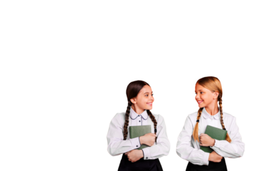 Composite photo collage of two happy girls classmates hold textbook literature lesson preparation bookworm isolated on painted background