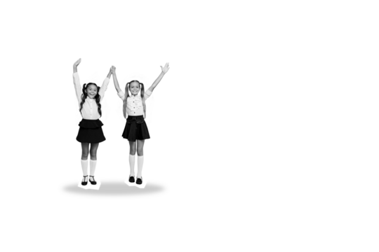 Composite photo collage of two happy girls school classmates autumn study friends wear uniform ponytails isolated on painted background