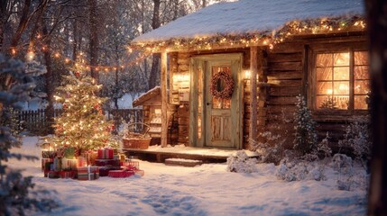 Charming Log Cabin Decorated for Christmas in Snowy Landscape with Illuminated Tree and Wrapped Gifts