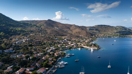 Fototapeta premium Aerial View of Selimiye Bay and Sailboats in Marmaris, Turkey