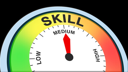 Skill medium, concept illustration showing moderate ability, balanced proficiency, or average expertise. Ideal for education, training, or professional development visuals in charts, meters, or text
