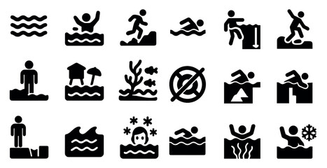 Water sports solid icons set – recreation, swimming, and aquatic adventure graphics
