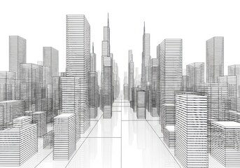 A wireframe sketch of a modern cityscape with tall skyscrapers, rendered in a minimalist style on a white background
