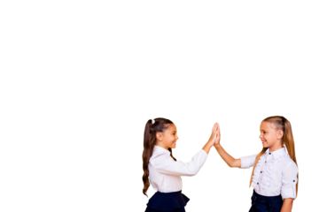 Composite photo collage of two happy schoolgirls friends greeting high five gesture autumn study isolated on painted background