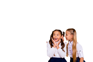 Composite photo collage of two happy amazed school classmates friends girls talk ear gossip news fall season isolated on painted background