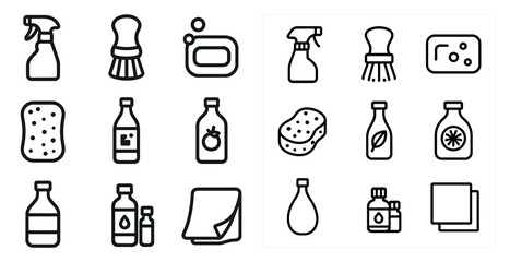 Cleaning and hygiene icons set – outline, linear, sanitation and household essentials