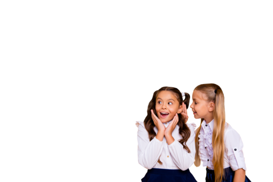 Composite photo collage of two happy amazed school classmates friends girls talk ear gossip news fall season isolated on painted background