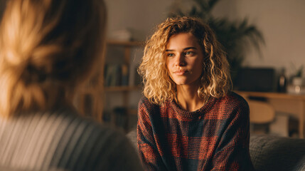 Thoughtful young woman with curly hair listens intently during a therapy session, seeking guidance and support in a cozy and comforting home environment
