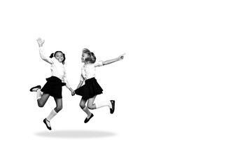 Composite photo collage of happy blonde brunette schoolgirls jump education wear uniform classmates...