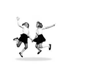 Composite photo collage of happy blonde brunette schoolgirls jump education wear uniform classmates isolated on painted background