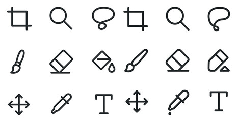 Graphic design tools outline icons set – creative, linear, art essentials
