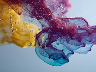 Abstract ink diffusion in clear water creates dynamic swirling colorful patterns and fluid shapes