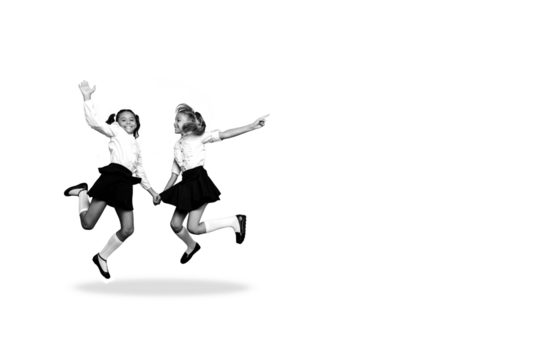 Composite photo collage of happy blonde brunette schoolgirls jump education wear uniform classmates isolated on painted background