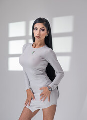 Stylish brunette woman in gray short dress posing indoors. Soft window light casts geometric shadows, creating a minimalist, editorial mood. Studio comercial corporate photography