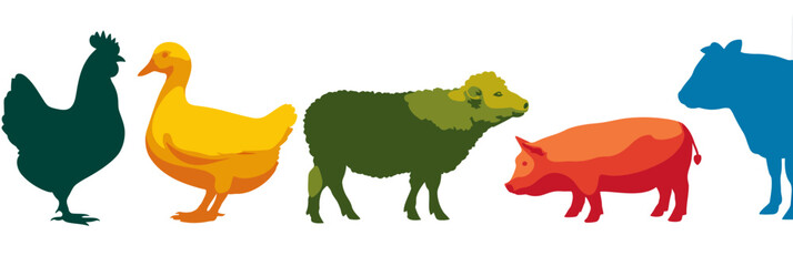 Colorful abstract illustration of several farm animals in silhouette. Features a rooster, duck, sheep, pig, and cow © Pangala